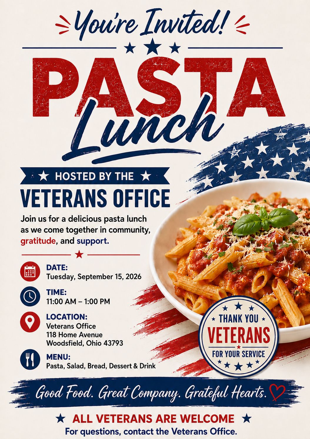 Upcoming Veterans Lunch September 15 11:00 – 1:00